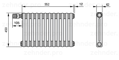 Схема (чертеж) Радиатор Zehnder Charleston 2045/12 №V012 Белый глянцевый RAL 9016